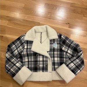 KESTAN Black & White Plaid Sherpa-Lined cropped coat